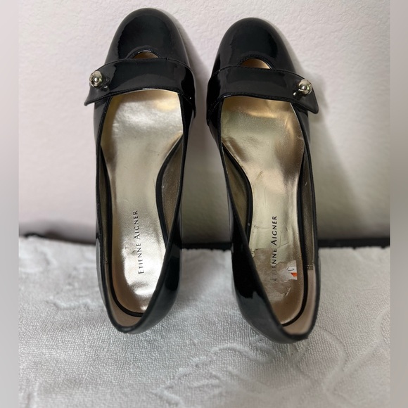 Etienne Aigner Womens 6.5M E-Holli Black Patent Pumps Block Heel Top Strap - Picture 1 of 9